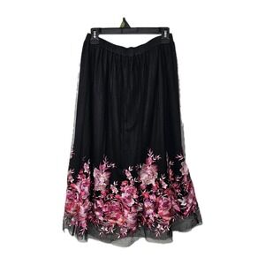 Du Jour Embroidered Floral Skirt Medium Elastic Waist Mesh Overlay Romantic EUC